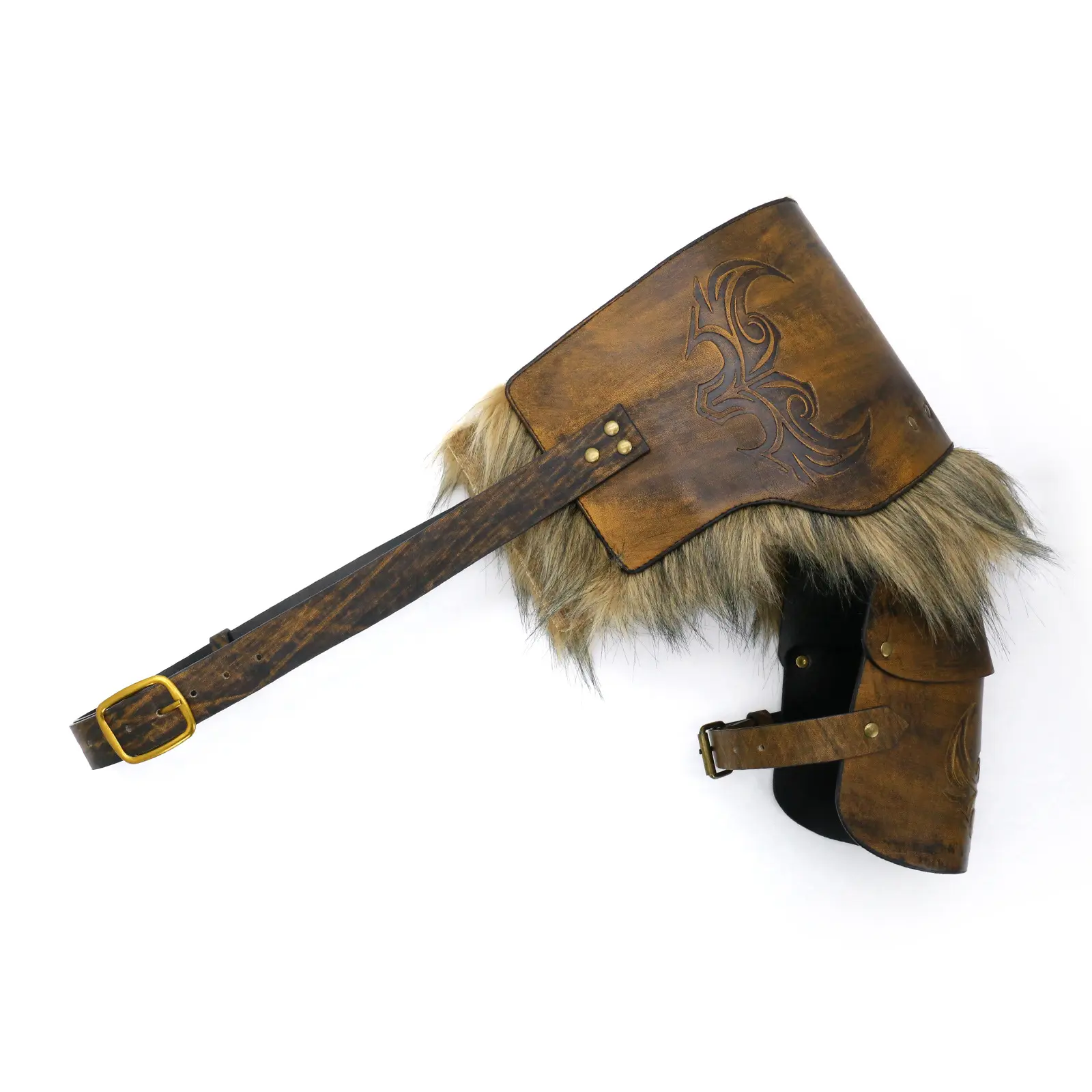 Effortless Brown Medieval Viking Faux Fur Leather Single Shoulder Pauldron Armor Embossed Nordic Rune Barbarian Knight Harness Cosplay Accessories Renaissance Faire LARP Halloween Costume Gear Men Women