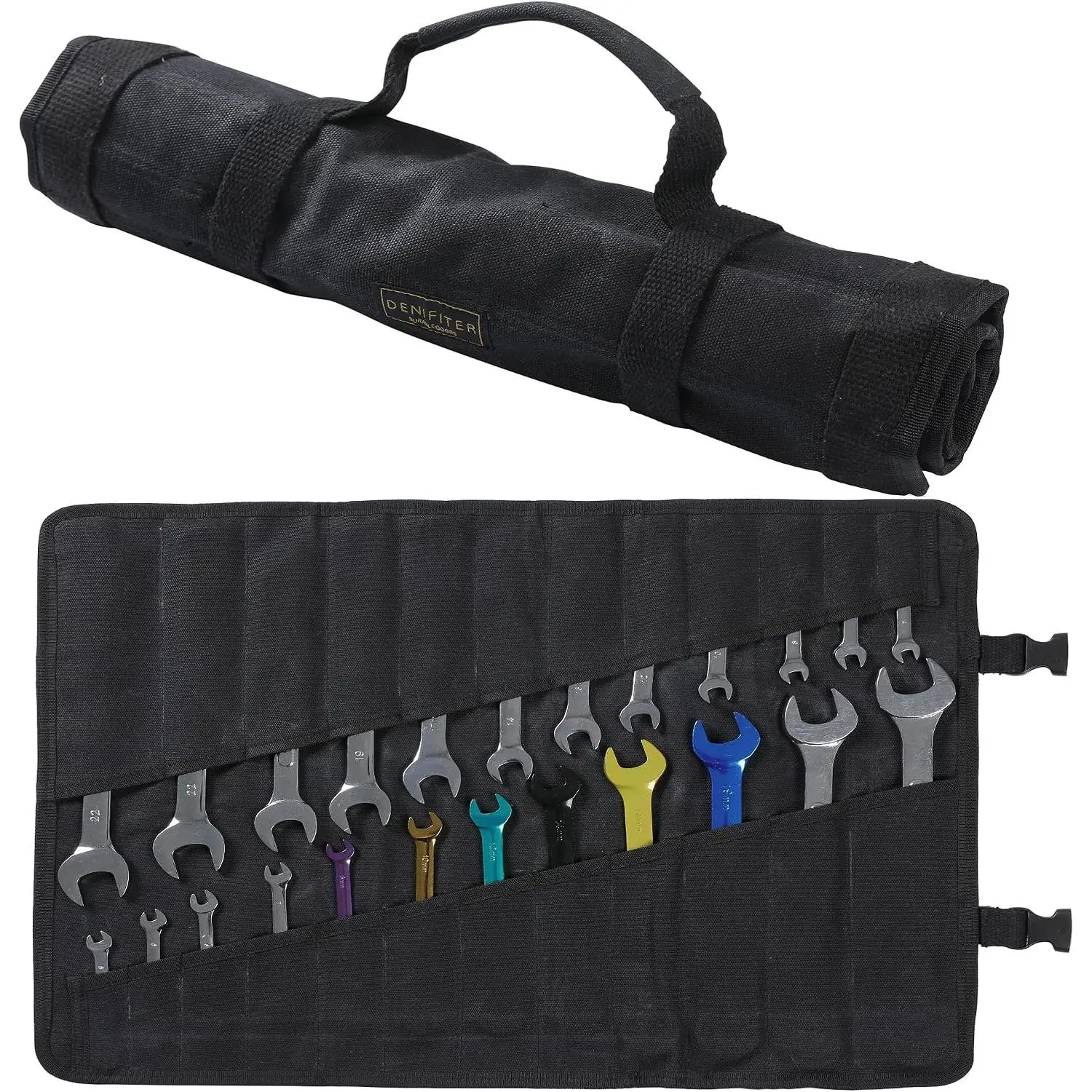 16oz Waxed Canvas Large Roll Wrench Roll, 24-Pocket Waterproof Organizer with Carry Handle for Tool Storage