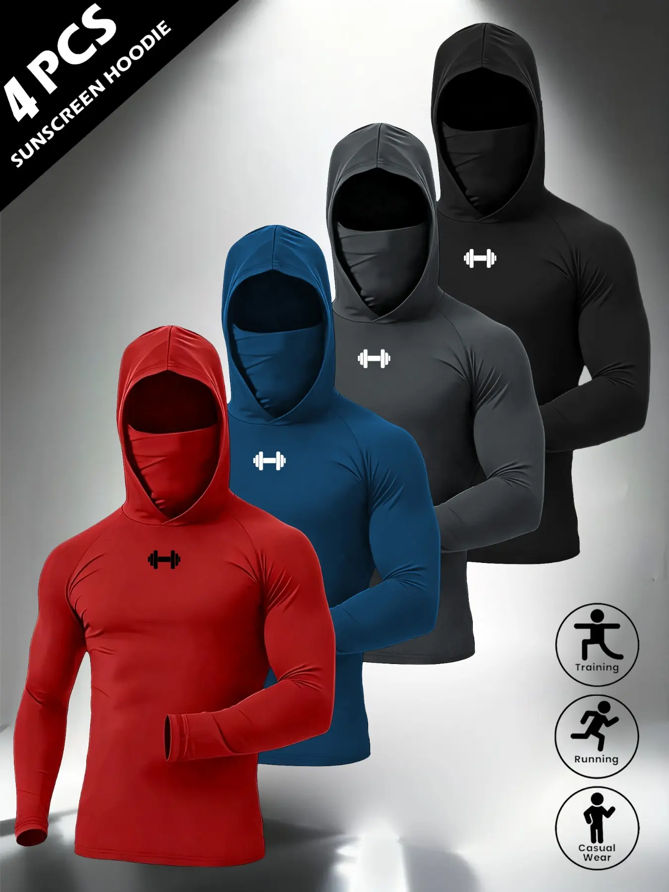 Men Hooded Long Sleeve Athletic Top with Integrated Face Cover, Dumbbell Graphic Sport Shirt with Thumb Cuffs, Breathable Sunscreen Activewear, Summer Training Clothing for Gym, Running, Cycling and Outdoor Sports