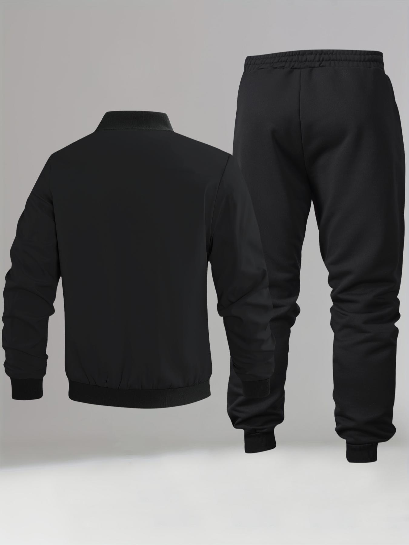Men's Letter Print Zip Up Jacket & Elastic Waist Sweatpants Set, Regular Fit Cozy Breathable for Daily Outdoor Wear, Spring & Fall, Athletic Tracksuit, Casual Sportswear, Streetwear Tracksuit Set, Sweatsuit Set, Athleisure Sweatsuit, Training Tracksuit