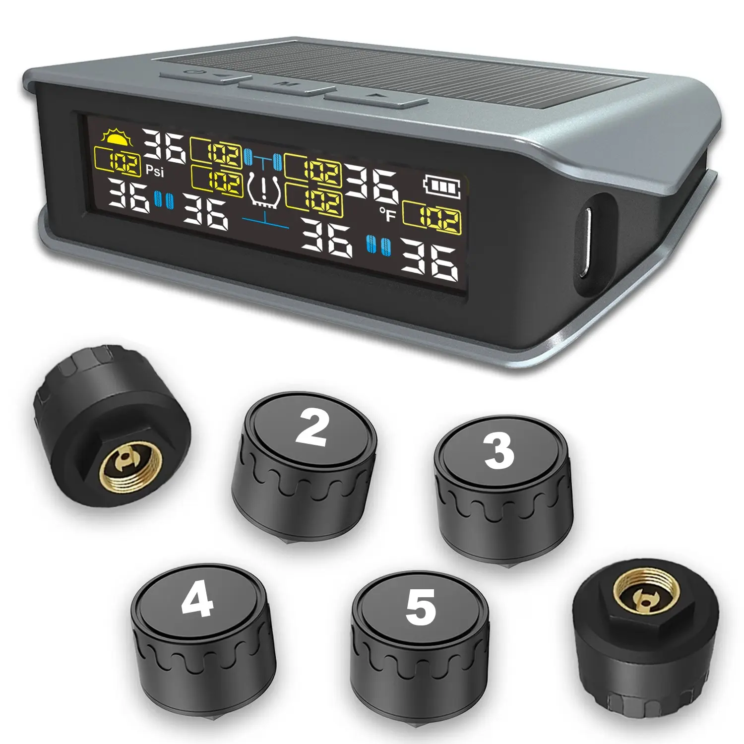 RV Trailer Tire Pressure Monitoring System w/Solar Charge TPMS w/6 External sensors & 6 Alarm Modes LCD Real-time Display Auto Sleep Mode Tire Pressure Sensors for RV Trailer Truck Pickup(0-144 PSI)