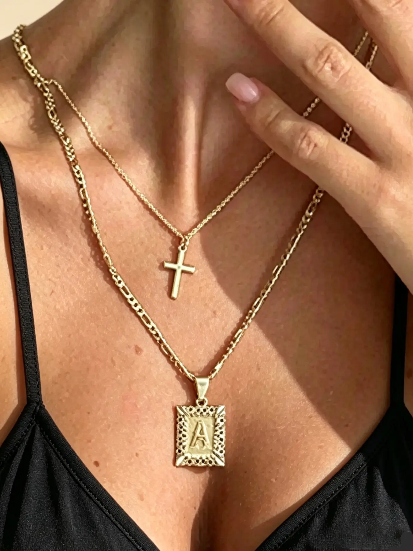Layered Gold Initial Necklace Set, Personalized Necklaces, Faith Necklace, 2Pcs Cross Pendant + Letter Tag Necklaces, Stackable Chains, Stackable Figaro Chain, Stacking Necklace, Minimalist Design, Everyday Layering, Casual Outfits & Statement Looks