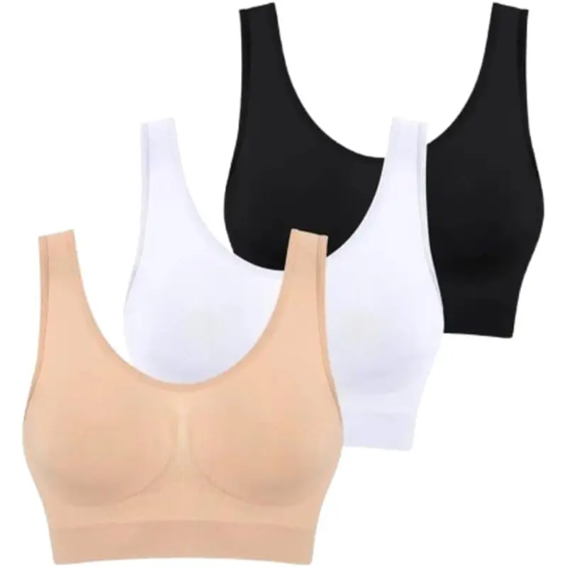Women's 3-Pack Unwired V Neck Seamless Sports Bras Set, Clasp-Free Pullover Bralette with Soft Fabric Racerback Stretch Cups for Yoga, Gym Wear