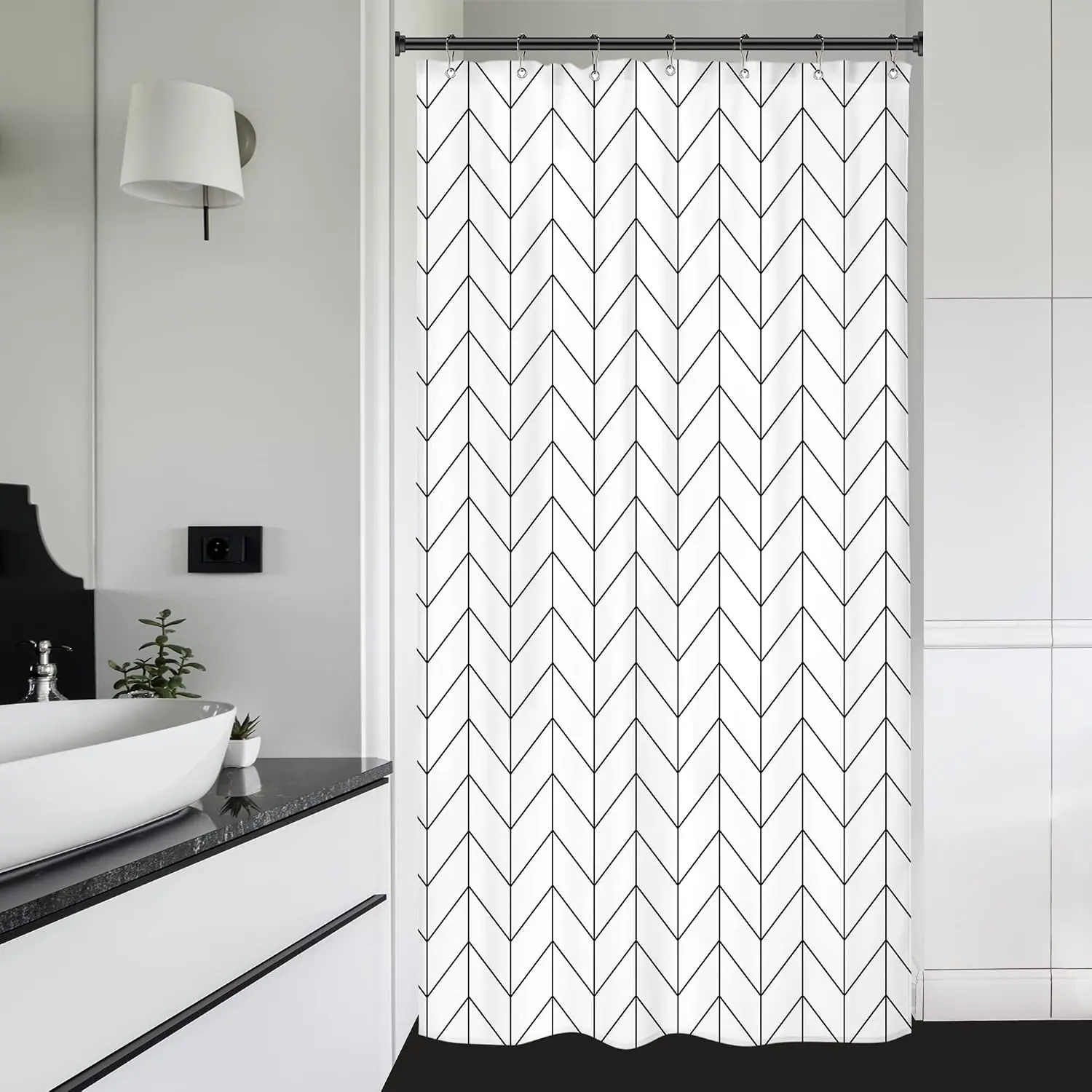 36Wx72H Inch Shower Curtain,Narrow RV Walkin Black White Herringbone Modern Bathroom Curtains,Half Stand Up Zig Zag Chevron Camper Bathroom Accessories Waterproof Fabric 7 Hooks