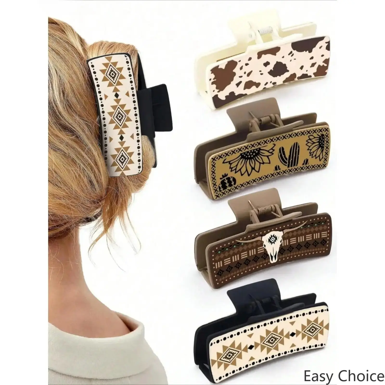 4Pcs/1Pcs Western Cowboy Style Hair Claw Set, Vintage Pattern Large Claw Clips For Women, Strong Hold Hair Accessories For Thick Hair, Minimalist Fashion Headwear, Ideal Ornaments For Daily Hairstyling And Party Outfits