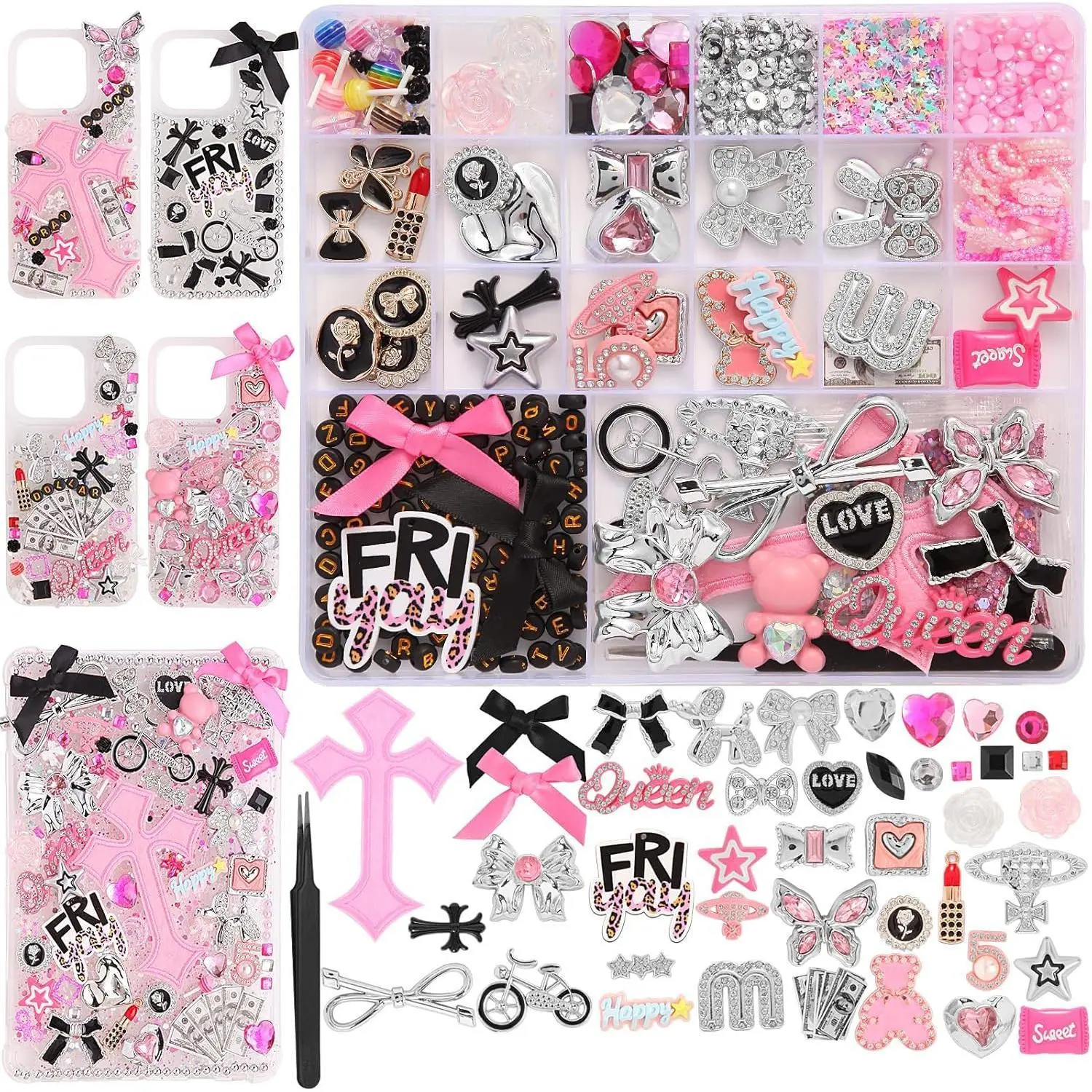 Eiiovcnya 2380-Pcs Unisex Aesthetic DIY Kit - Flatbacks, Junk Phone Case Charms, Nail Accessories, Cute Bows, Stars, Candies, Letter Beads for Mother’s Day Customization