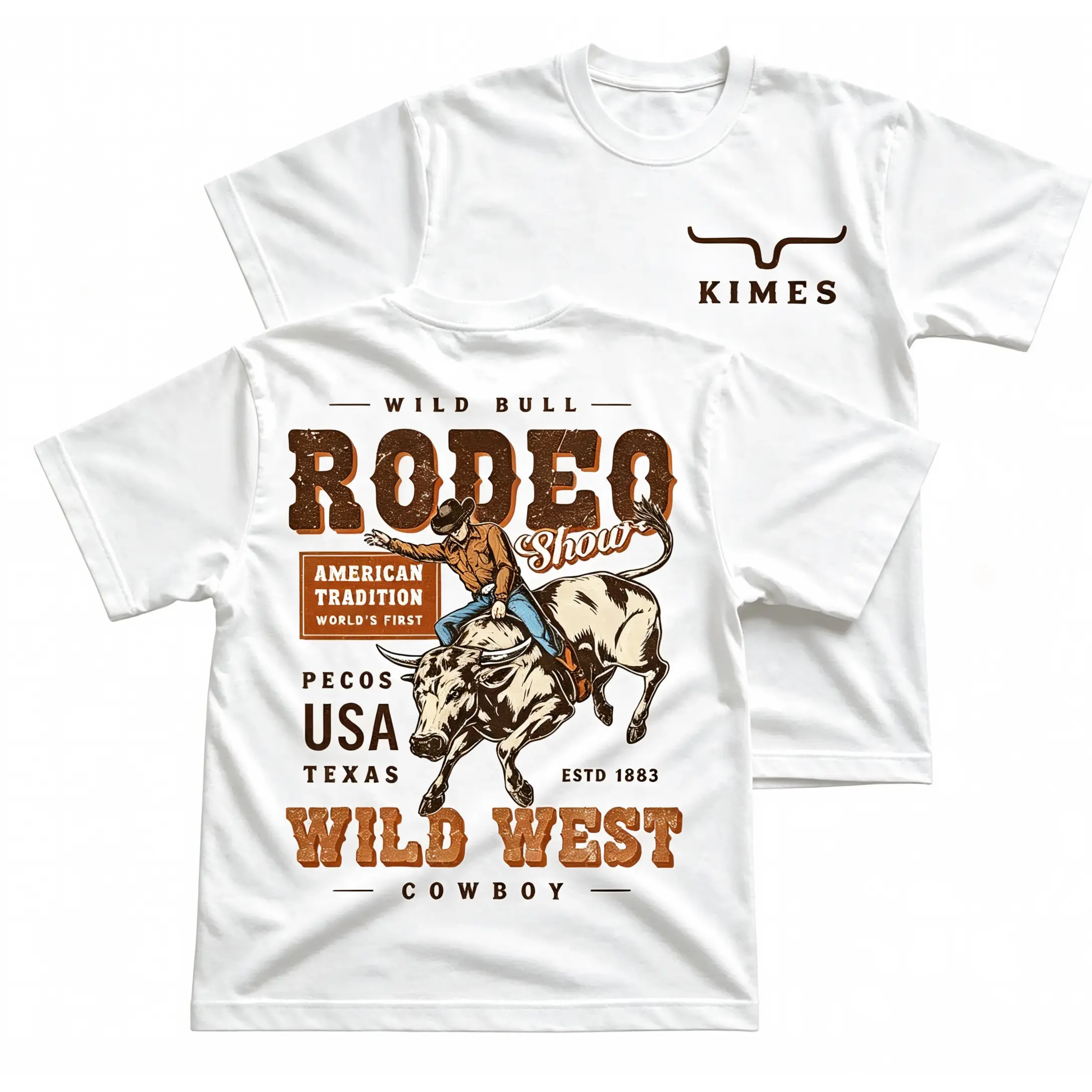 Kimes Ranch Wild Bull Rodeo T-Shirt, Western Ranch Graphic Tee, Cowboy Bull Riding Pecos Texas Wild West Back Print, Front Chest Logo And Large Back Print Tee, Black Rodeo Country Outfit Gift For Men And Women