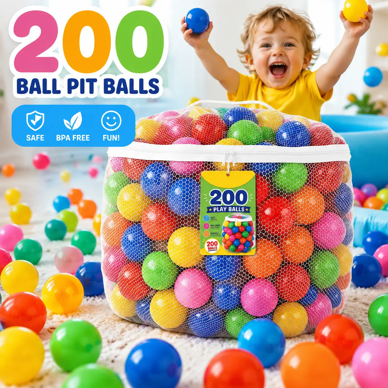 Ball Pit Balls for Kids, 200 Pack Bright Color Plastic Refill Balls with Reusable Zipper Storage Bag, Phthalate and BPA Free for Toddler Playrooms, Indoor Play, and Ball Pit Refill
