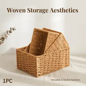 Natural Paper Rope Woven Storage Basket, Rectangular Decorative Organizer Bin for Closet Bathroom Countertop