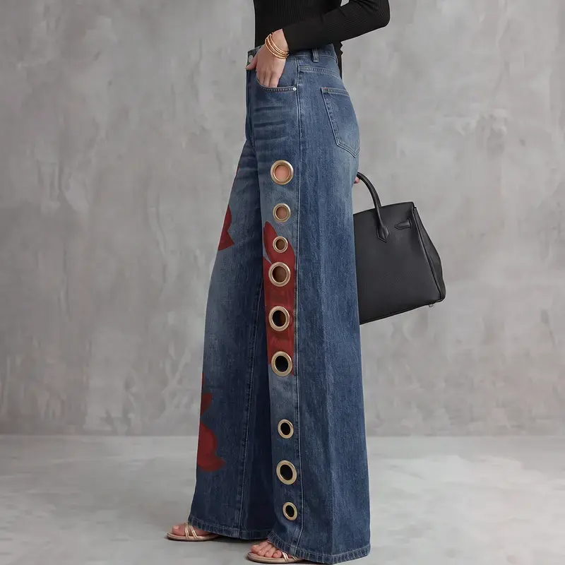 Women's All Season Non-Stretch High Waist Wide Leg Polyester Fabric Denim Jeans - Red Floral Print, Metal Eyelet Hollow, Washed, Real Pockets, Size Down 1 For Fitted Slim Fit, Street Style Casual Bottoms, Loose, Jean Pants, Cotton Blend