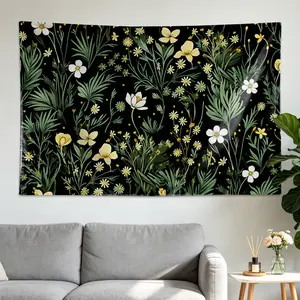 Botanical Wildflower Garden Black Background Wall tapestry,Large size Printed Horizontal Tapestry blanket,Polyester Fabric Wall Hanging for living room,bedroom,No Installation Required,Indoor,Outdoor,Gift for Family and Friends