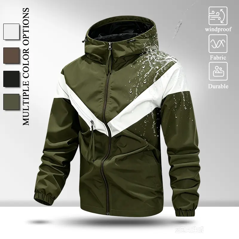 Wind Resistant Lightweight Men Hooded Zip Jacket, Fashion Chevron Contrast Panel Outer Coat with Adjustable Hood Drawstring & Secure Zipper Pockets, Comfort Loose Windproof Outerwear for All Seasons Commute Camping