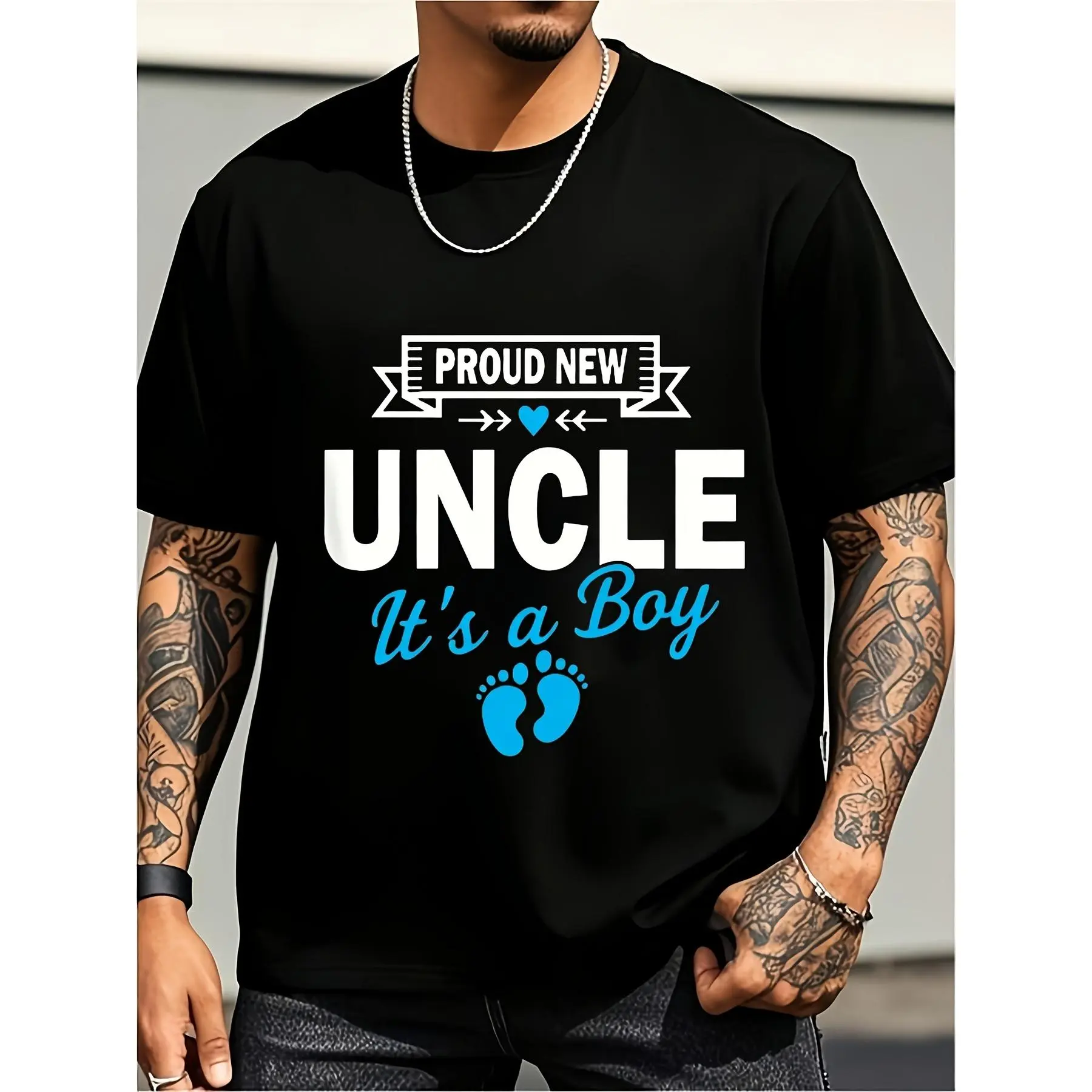 Men's Proud New Uncle It's a TShirt Announcement Gift for Uncles to Be Black TShirt Short Sleeve Crewneck Tee with Footprints Reveal Outfit Casual Fit for Showers FamilyPlus Size Retro Casual Round Neck Printed T-shirt Unisex, PLUS SIZE