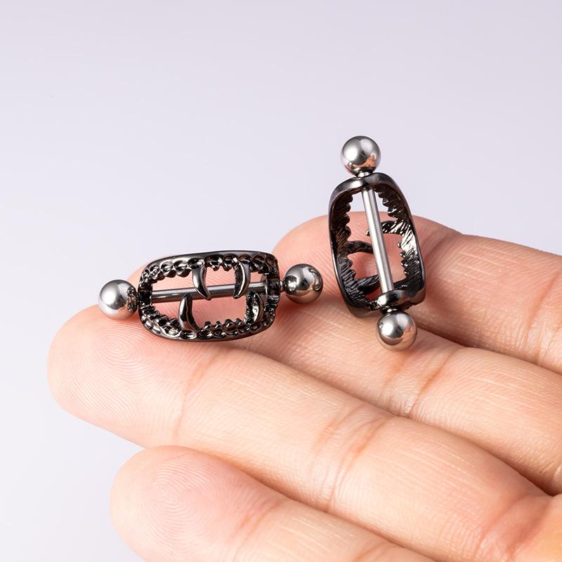 Vampire Teeth Nipple Ring, Stainless Steel Barbell, Creative Body Piercing Jewelry