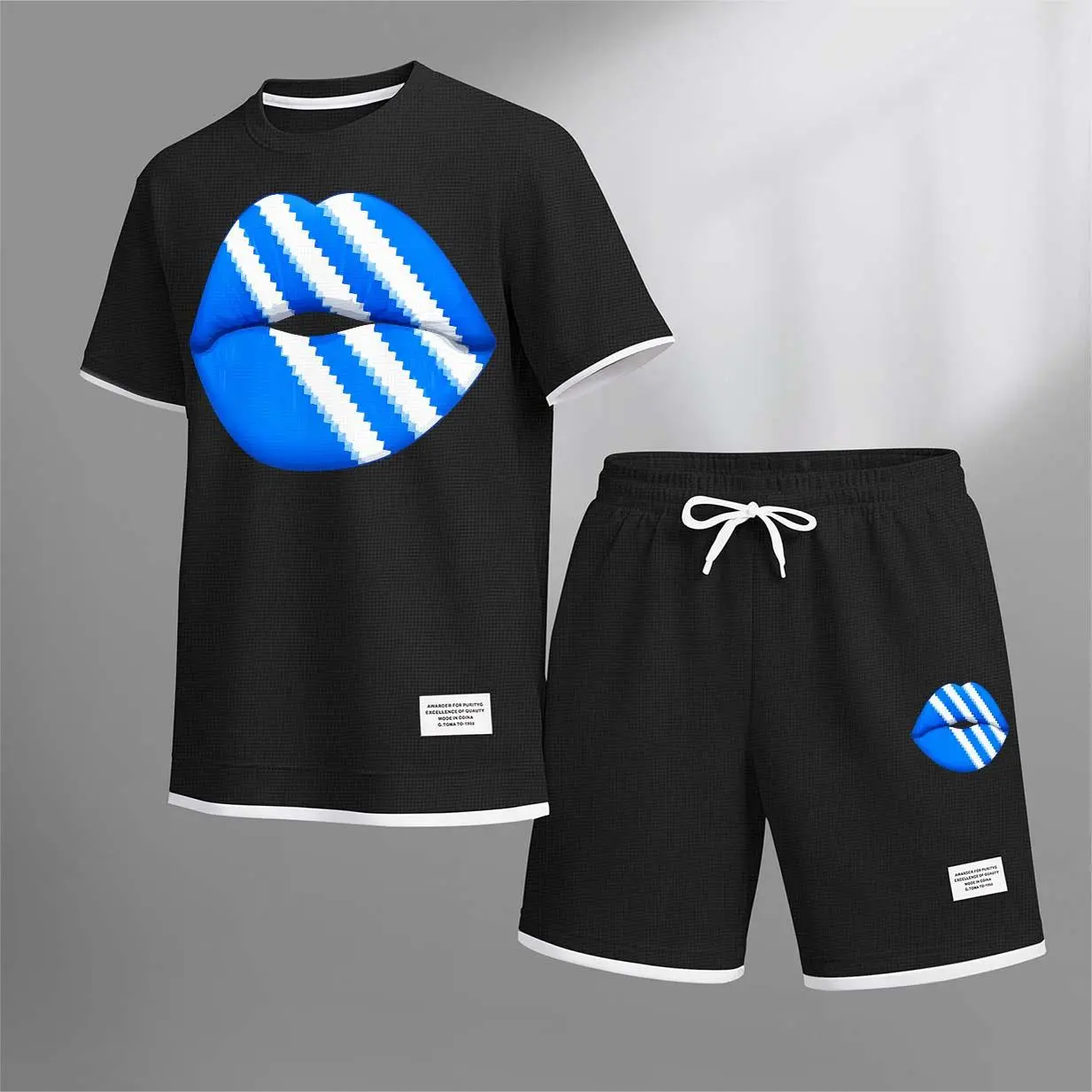 Men’s Lips Graphic 2-Piece Set, Short Sleeve T-Shirt and Drawstring Shorts, Casual Loose Fit Summer Outfit, Lightweight Breathable Streetwear for Travel, Vacation, Daily Wear and Outdoor Activities