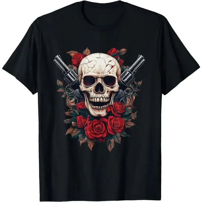 Skeleton Roses - Guns Rock Music Skull Rose Unisex Casual Short Sleeve Tee, Slightly Elastic Round Neck,All-Season Comfort,Halloween Costume