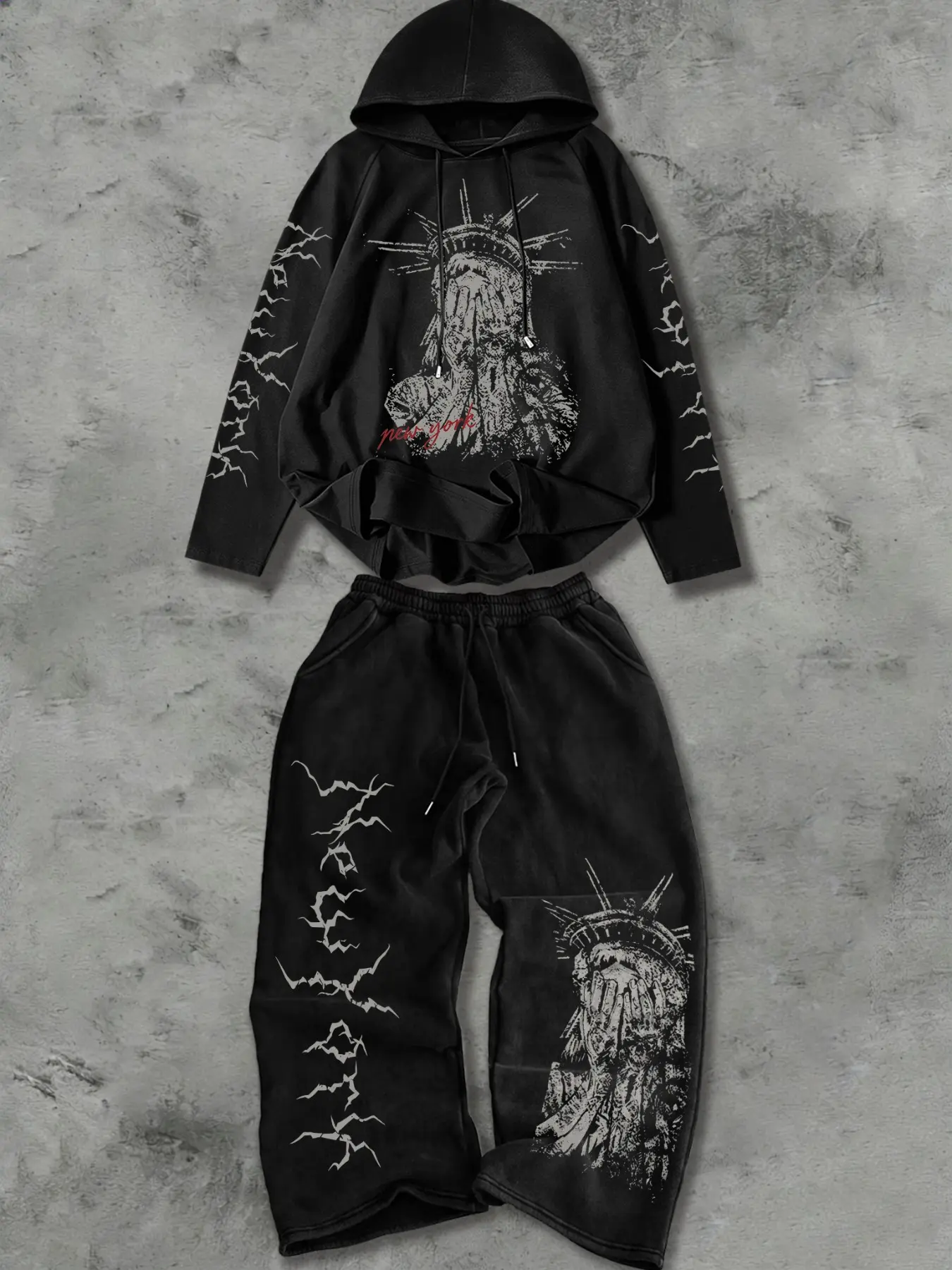 Men's Two-Piece Sport Set, Vintage Distorted Statue Lightning Print Hooded Long Sleeve T-Shirt + Drawstring Jogger Pants, Gothic Street Style, Casual Sportswear Outfit