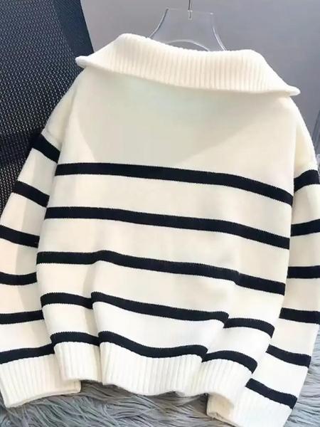 Women's Striped-Print Drop-Shoulder Sweater with Half-Zipper, Casual Long-Sleeve Collared Jumper for Daily Outdoor Wear, Knitwear for Fall & Winter, National Day Outfit