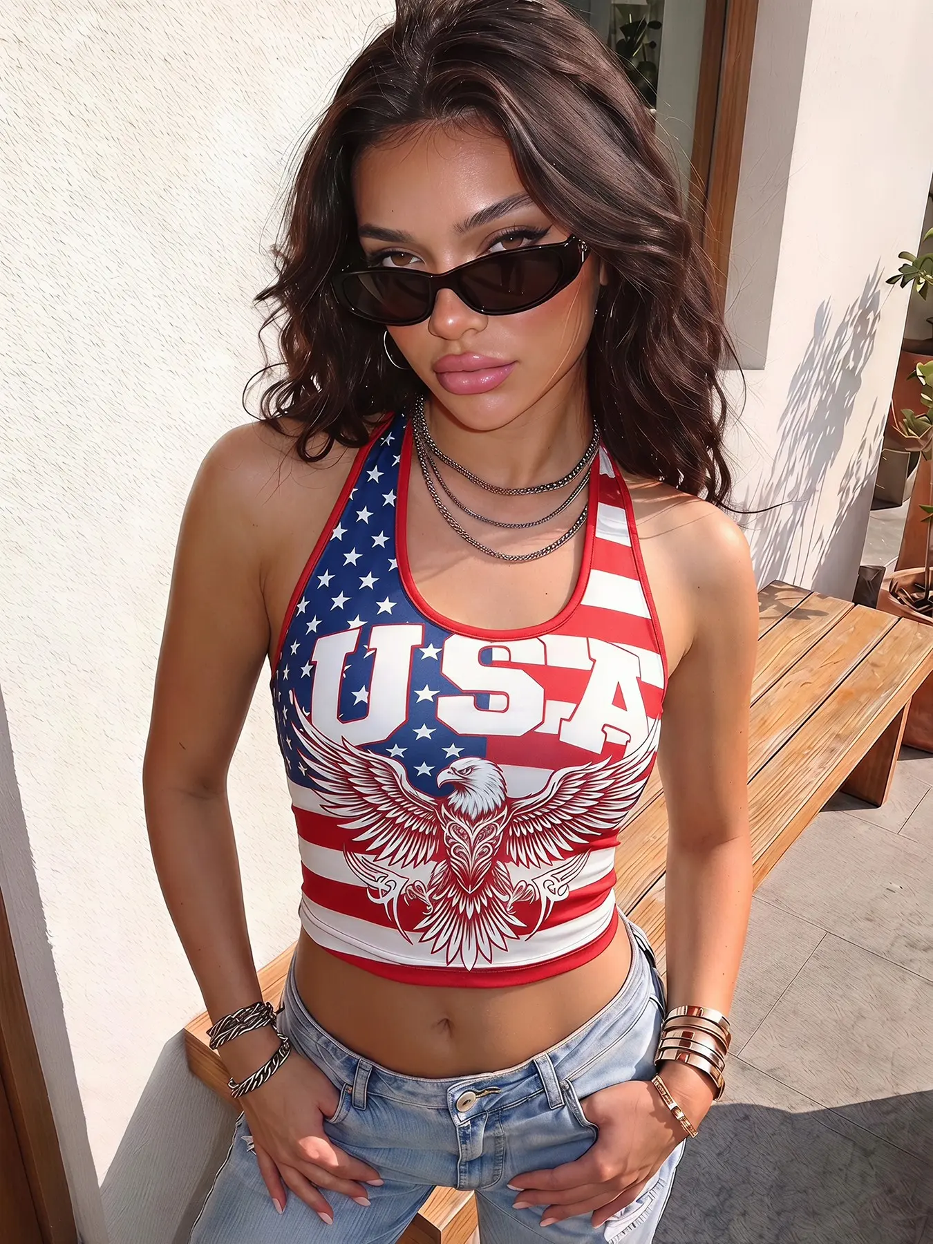 Soft Stretch Spandex Patriotic USA Eagle Flag Graphic Halter Neck Slim Crop Tank Top, Elastic Tank Top Women Y2K Hot Girl Summer Streetwear 4th of July Sleeveless Festival Club Bodycon Casual Beach Daily Going Out Party Outfit, Casual Fashion Sleeveless