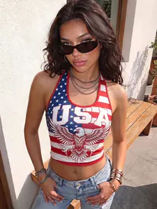 Soft Stretch Spandex Patriotic USA Eagle Flag Graphic Halter Neck Slim Crop Tank Top Women Y2K Hot Girl Summer Streetwear BBQ Parade Fireworks 4th of July Sleeveless Festival Club Cami Crop Top Trendy Bodycon Casual Beach Daily Going Out Party Outfit