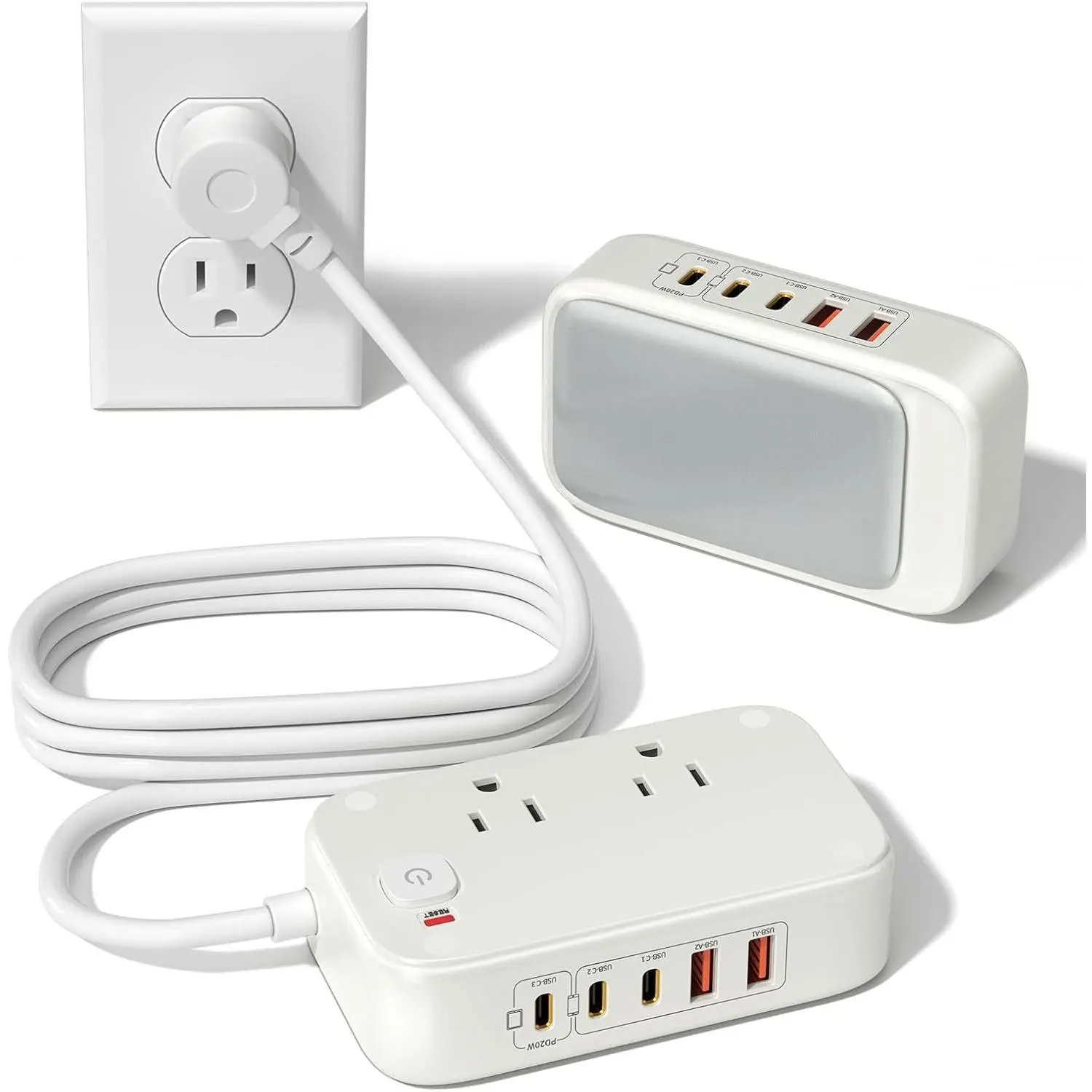 5FT Portable USB C Power Strip USB Ports Extension Cord PD 20W Flat Wall Plug Charger Multipl Outlets with 2500W AC Outlets, 3 USB-C Ports, 2 USB-A Ports for /Office/Travel