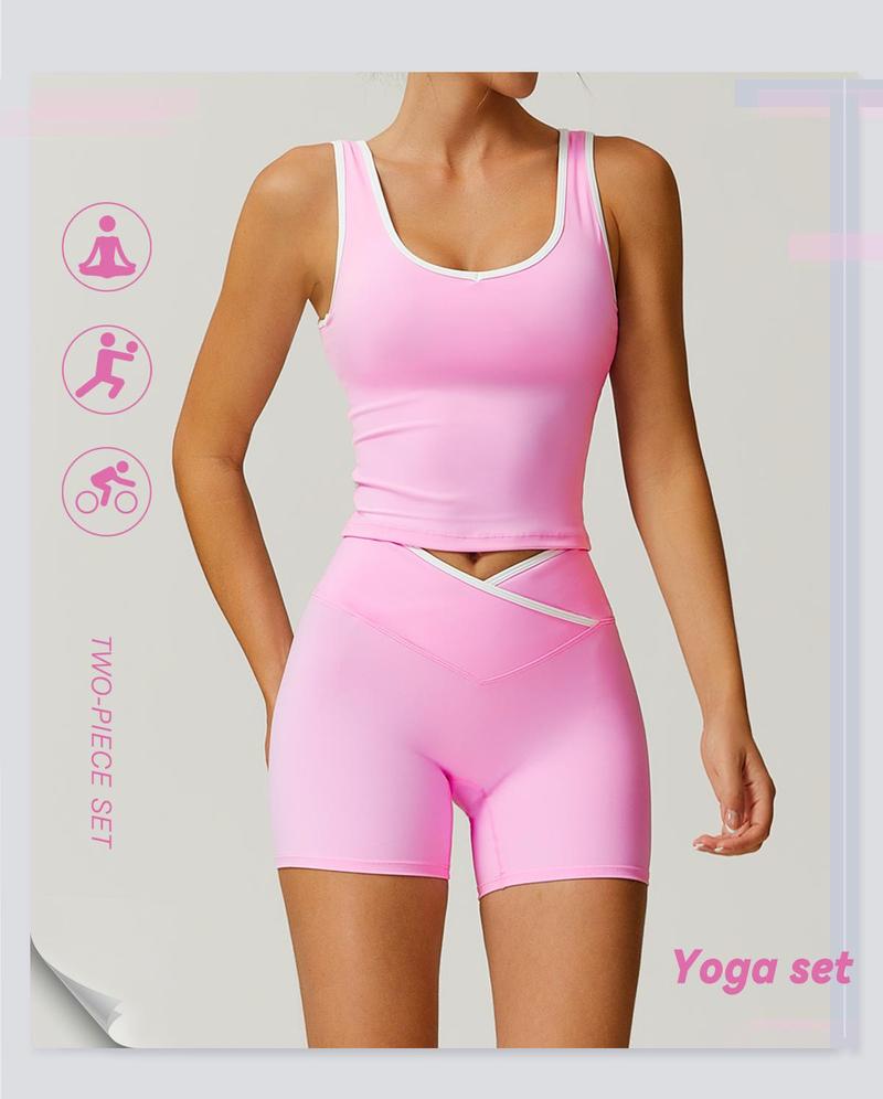 2 piece set women's patchwork high elasticity soft U-neck wide shoulder strap vest cross waist shorts yoga suit set for all seasons running, cycling, hiking, walking fashion set gym sports training Workout Running Clothes versatile vest shorts