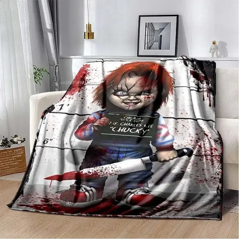 Chucky Flannel Throw Blanket Prison Mugshot Charles Lee Ray Bloody Horror Doll With Knife Blood Splatter Background Soft Fleece Blanket Spooky Halloween Sofa Decor Gift For Child's Play Horror Fans