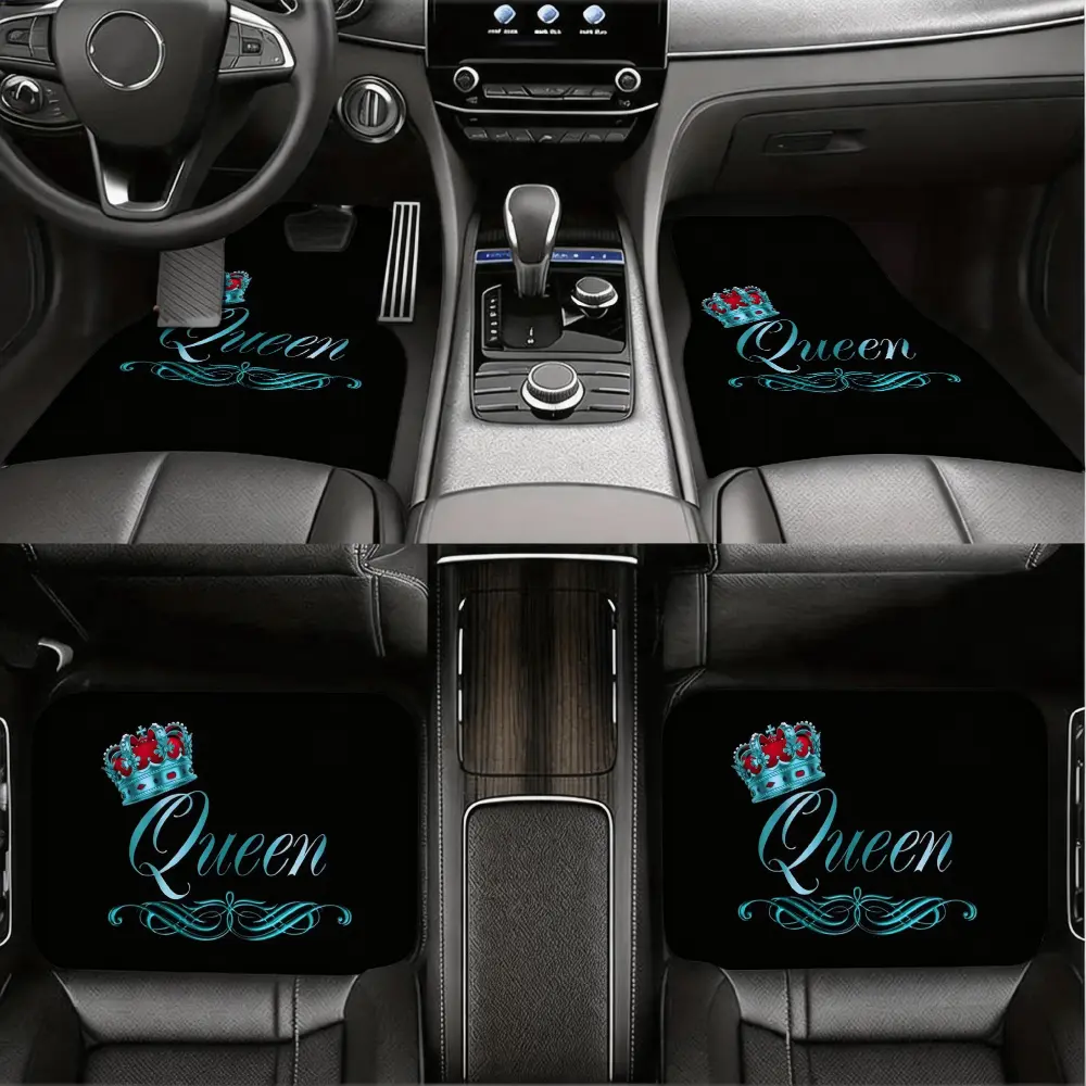 Luxury Car Floor Mats, Universal Auto Carpet Liners, Queen Crown Design With Teal Script, Non-Slip Durable Fabric, For Women Drivers Interior Decoration, 4 Piece Set