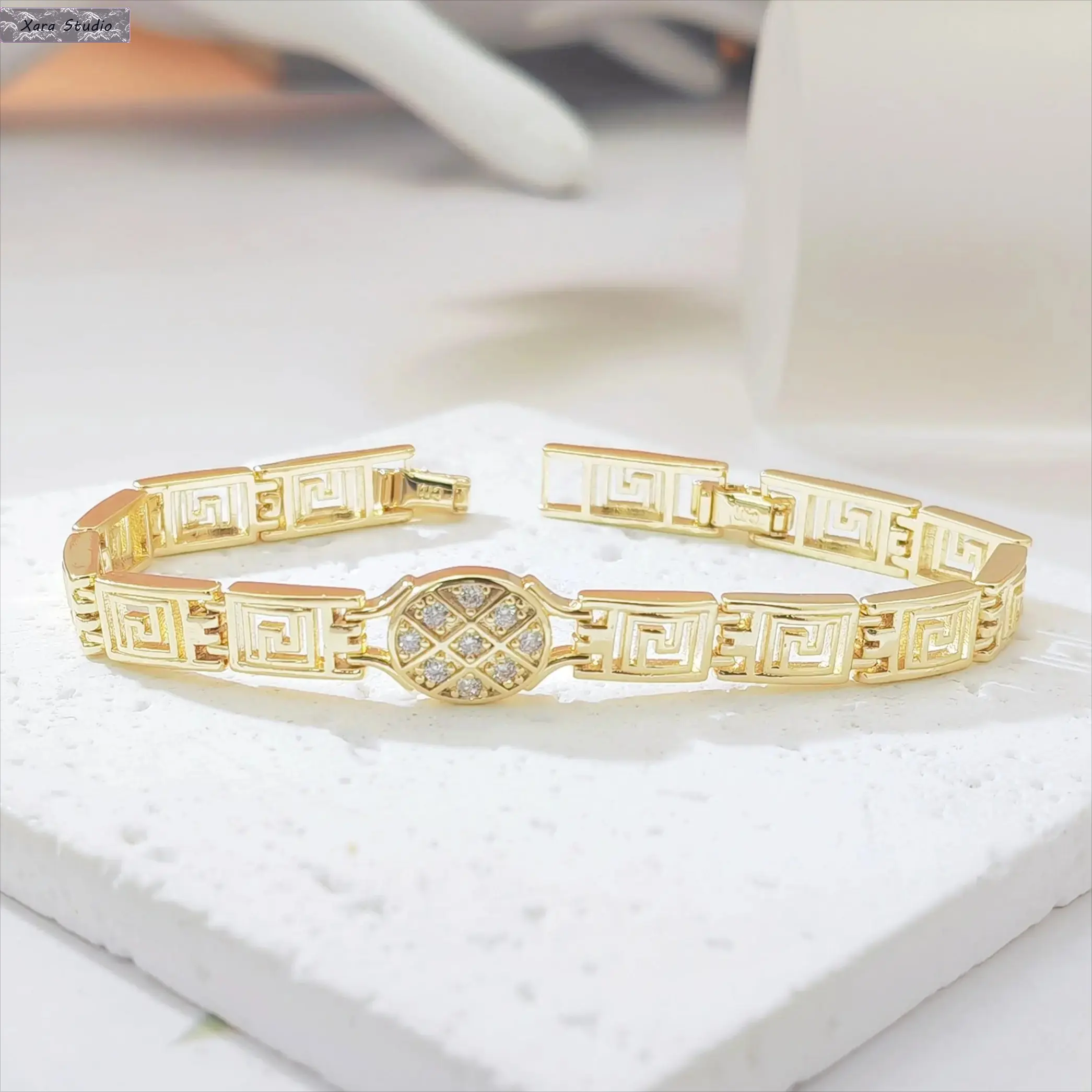 Greek Key Link Bracelet for Women, Dainty Geometric Chain Bracelet with Micro Pave Cubic Zirconia Center, Minimalist Stackable Gold Jewelry for Everyday Wear, Office, Party, Birthday, Anniversary & Mother's Day Gift