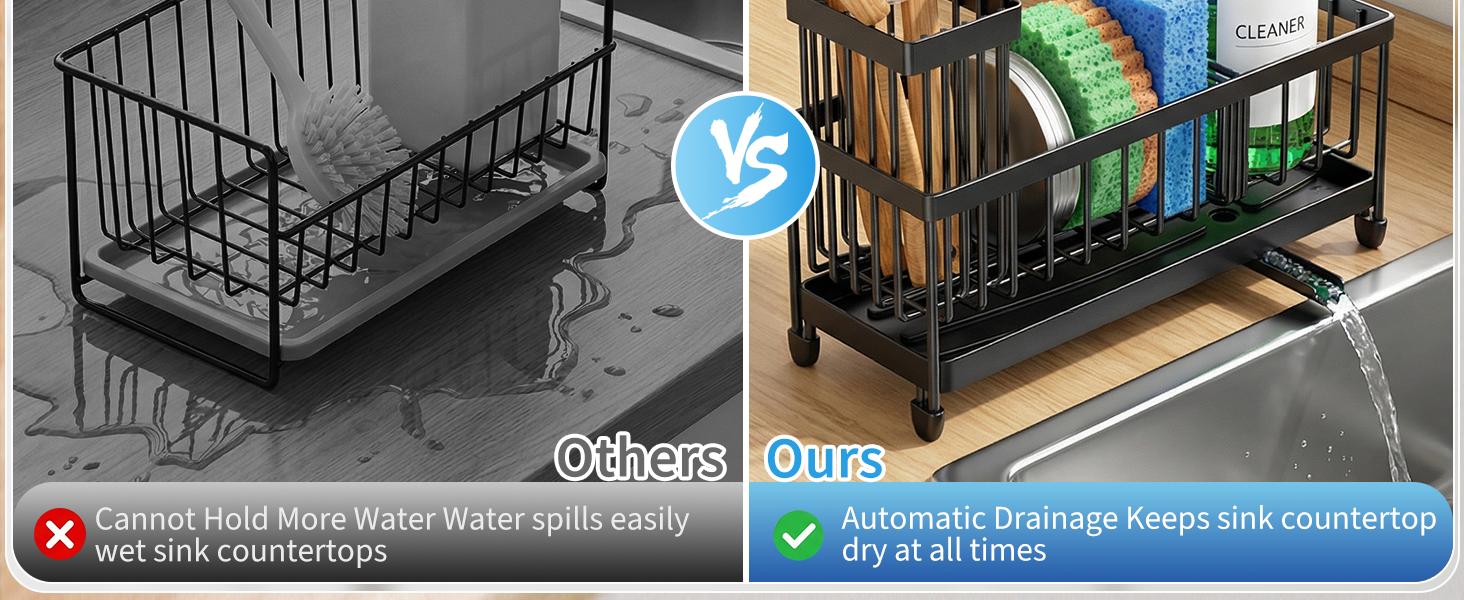 Sponge Holder for Kitchen Sink, Sink Caddy Organizer with High Brush Holder, Kitchen Countertop Organizers and Storage Essentials, Rustproof 304 Stainless Steel (Black, 9.25″)