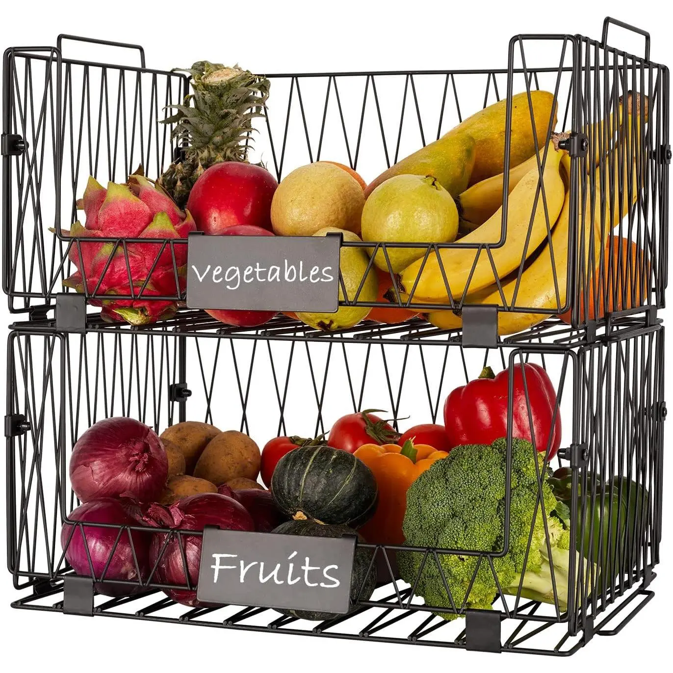 2 PACK XXL Stackable Wire Baskets for Pantry Organization and Storage | Heavy Duty Metal Wire Baskets with Labels,Open Front Pantry Bins for Kitchen,Snacks,Chips,Cans,Potatoes & Produce