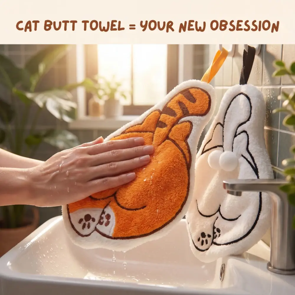 Funny Orange Cat Butt Hand Towel, Soft Absorbent and Hangable Kitchen Accessory, Novelty Animal Bathroom Decor, No