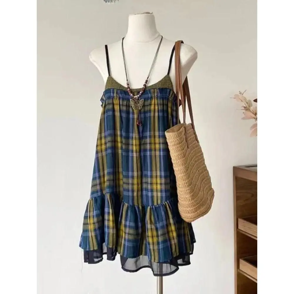 Elegant Vintage Casual Plaid Loose Women Vest Women Summer Hot Girl Off Shoulder Sleeveless Tops Fashion Retro Kawaii New Dress