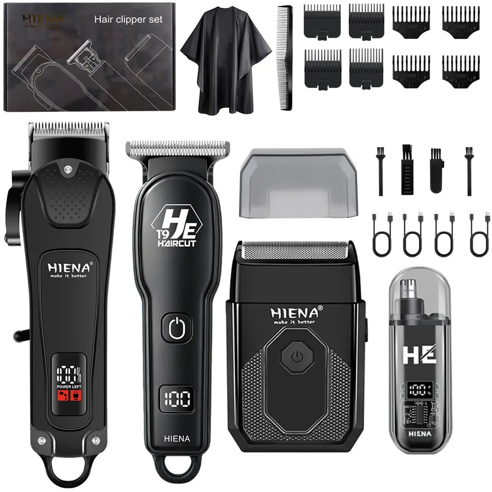 HIENA Black 4-Piece Hair Trimmer Set, LED Digital Display, USB Rechargeable, Professional Hair Trimmer, Precision Trimmer, Beard Trimmer, Nose Hair Trimmer, Cordless and Portable, Father's Day Gift / Boyfriend Gift / Birthday Gift