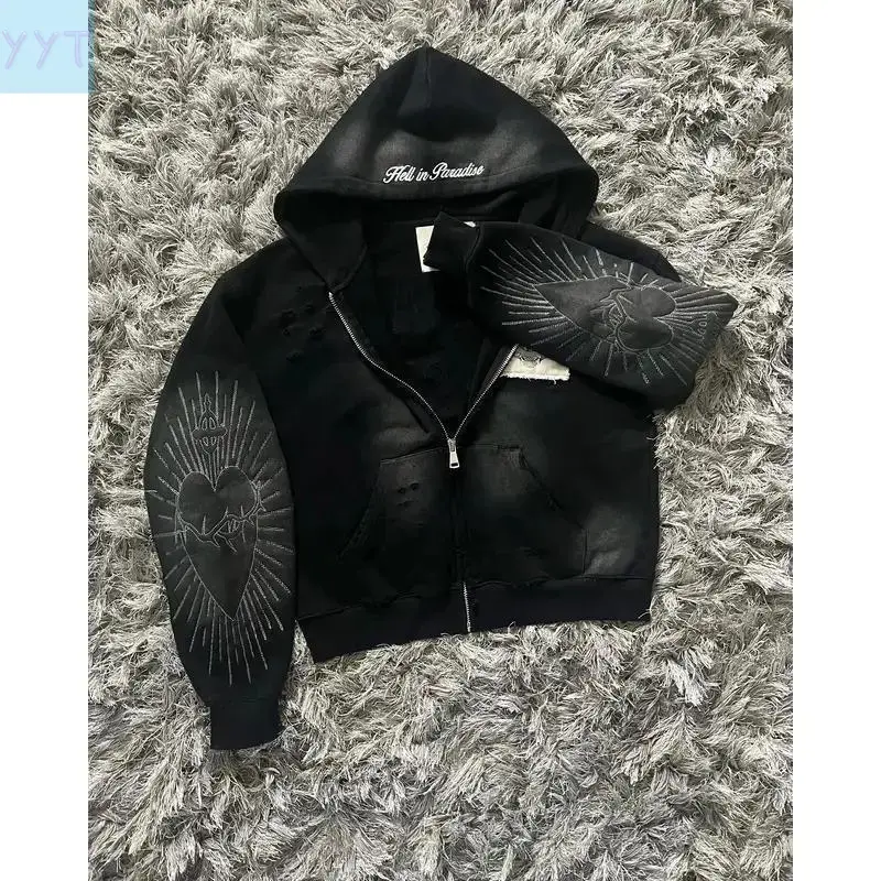 2026  Hell in Paradise Retro Gothic Style Zip Up Hoodie Embroidery Patchwork Hoodies Loose Sweatshirt Men Clothing Menswear Sleeve Tops Y2K