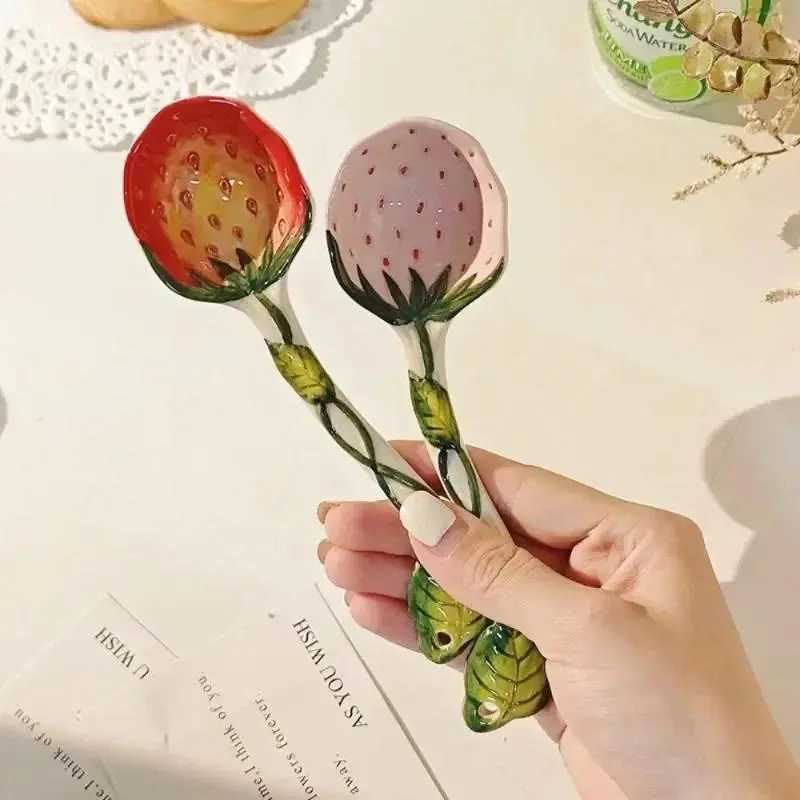 Household Cute Ceramic Spoon,  Long Handle Children Eat Dessert Spoons ladle Tableware Strawberry , Watermelon Panda