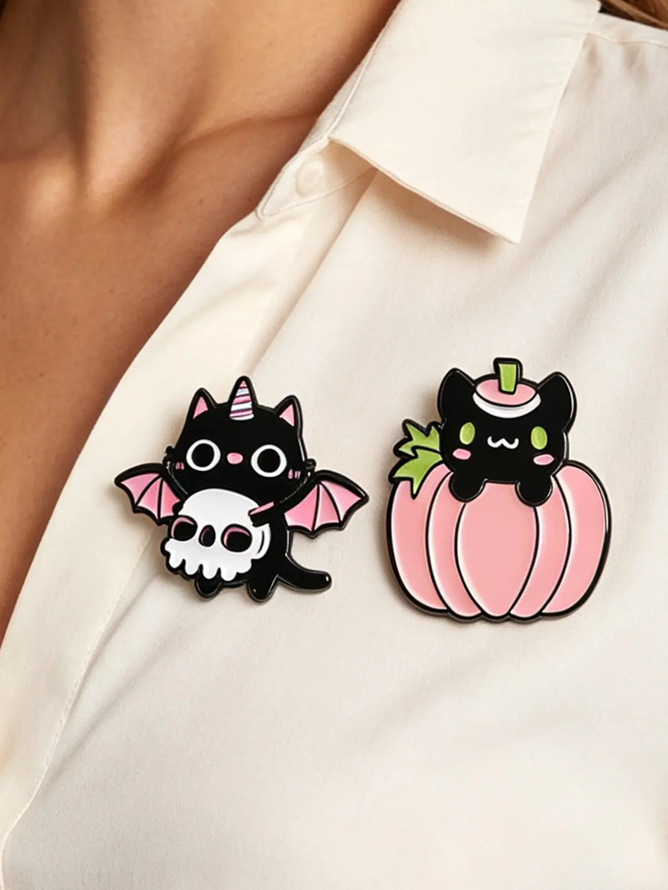 Halloween Pink Pumpkin Black Cat & Bat Unicorn Cat Skull Enamel Pin Set Kawaii Gothic Brooch Lapel Pins