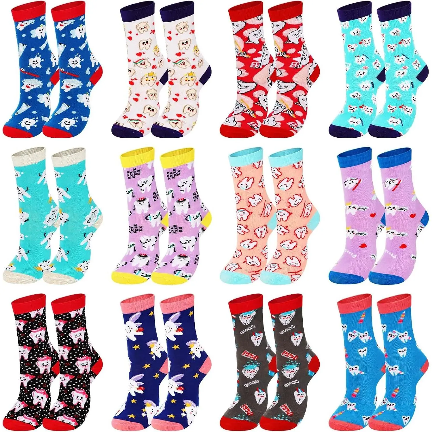 12 Pairs Funny Tooth Themed Crew Socks for Women - Dental Gifts for Dentist, Hygienist, Assistant, Doctor, Student Appreciation, Colorful Dental Profession Novelty Socks(Gift)