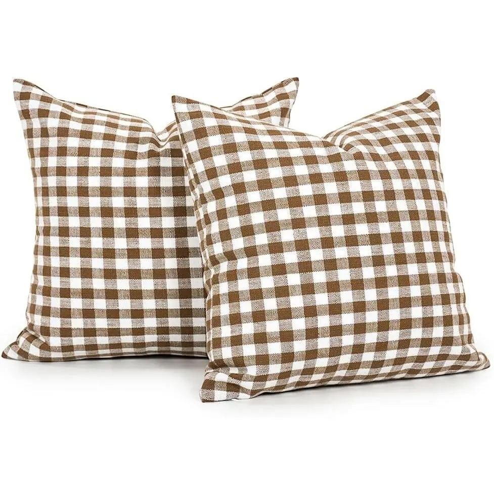 Set of 2 Farmhouse Brown Gingham Plaid Throw Pillow Covers 18x18, Woven Textured Fabric, Vintage Cottage Core Decor for Fall Autumn Winter, Outdoor Patio PorchGift