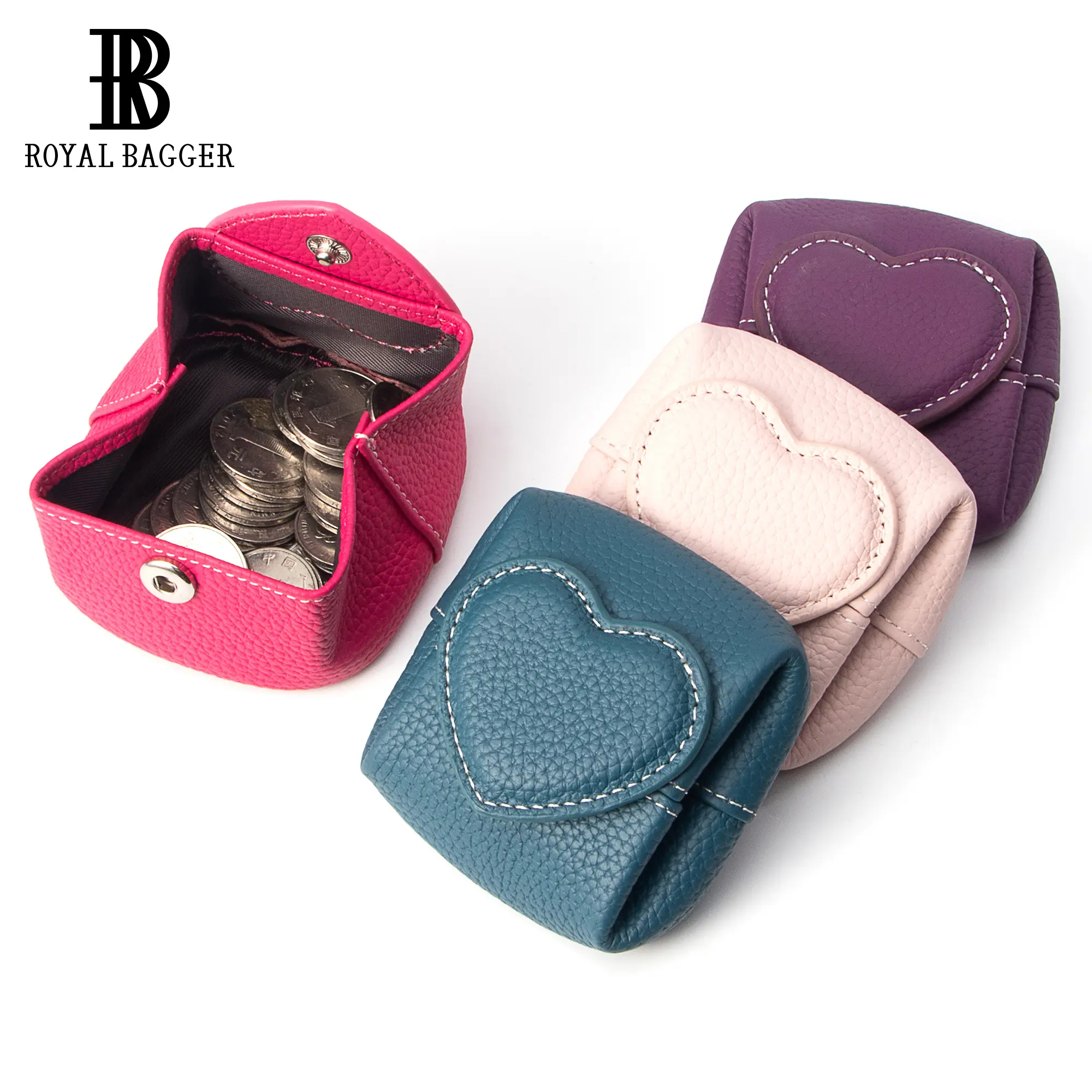 Royal Bagger Women's Genuine Cowhide Leather Mini Coin Pouch Wallets, Square Small Wallet with Heart-Shaped Closure 1604, Wallets Women
