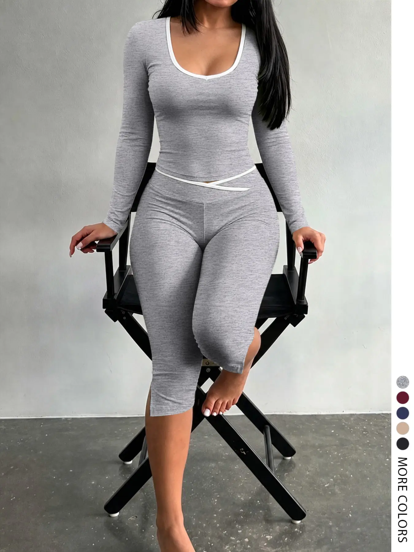 Lw Home Comfortable Waist Cinching Classic Solid Color Fashion Women's Fitted Long Sleeve and Capri Set, Perfect for Home, All Seasons， Figure Hugging Sport Casual Outfit for Going Out