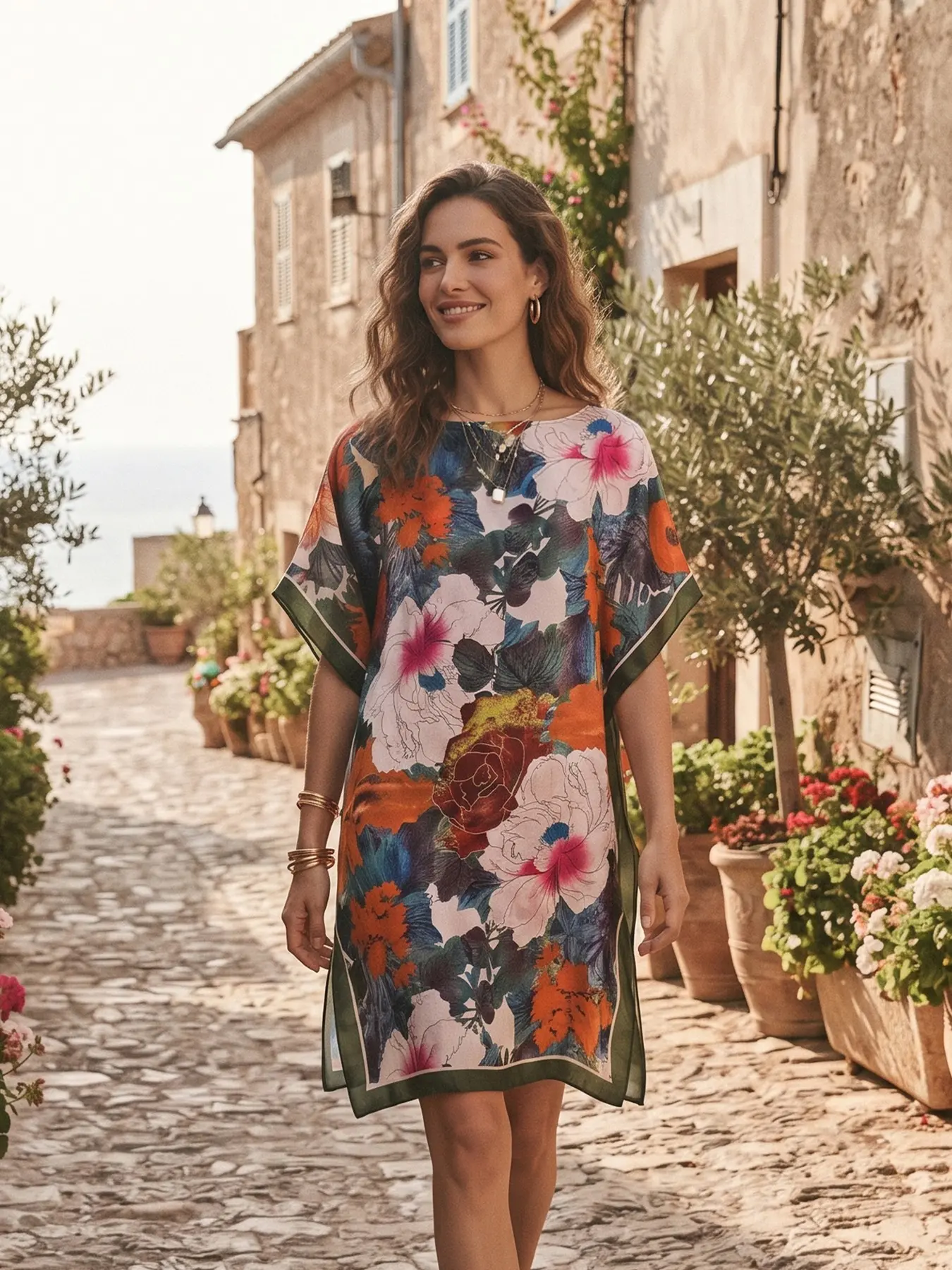 Women's Floral Print Kaftan Dress Batwing Summer Silk Satin Resort Wear Oversized Loose Beach Cover Up Modest Elegant Tunic Dress Side Slit Boho Bohemian Aesthetic Midi Loungewear