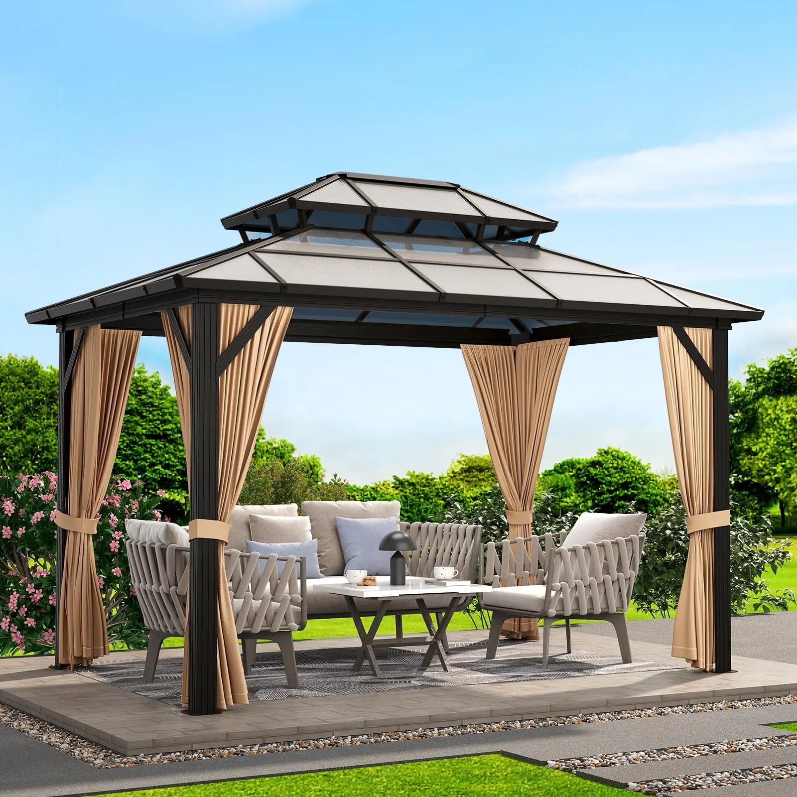 10x12/13ft Hardtop Gazebo with Double Roof, Permanent Aluminum Outdoor Pavilion for Patio & Backyard, All-Weather Polycarbonate Gazebo with Privacy Curtains & Mosquito Netting, Heavy Duty Shelter for Hot Tub & Dining