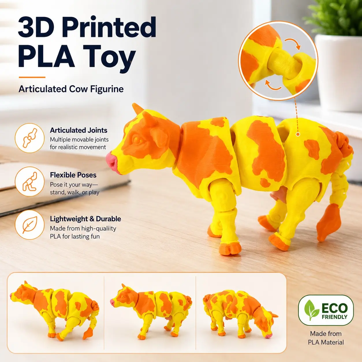 Realistic 3D-printed cow figurine made from high-quality PLA material; perfect for bedroom or office decor, as a collectible, or as a cute and creative gift for home or desk decoration; also makes a great birthday party gift.