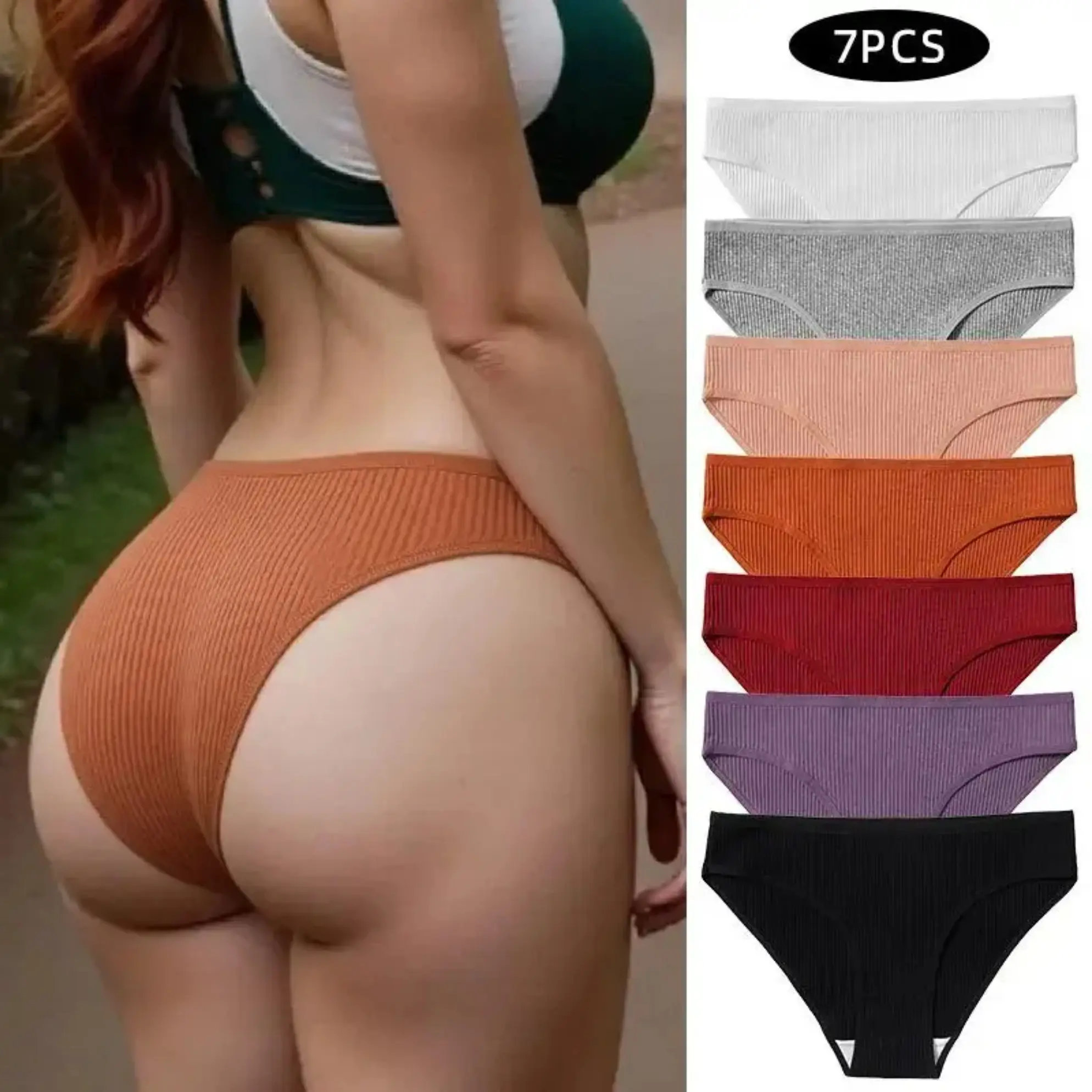 Women's 7-Pack Cotton Breathable Ribbed Mid-Rise Hipster Briefs - Casual Breathable Knicker Set with Bikini, Triangle, Foldable Multi-Color Lingerie, Breathable Ribbed Panty, 7-Pcs