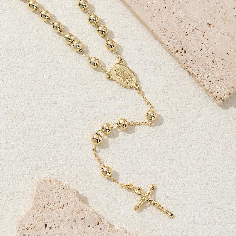 Golden Virgin Mary Cross Clavicle Chain Rosary Necklace Long Necklace