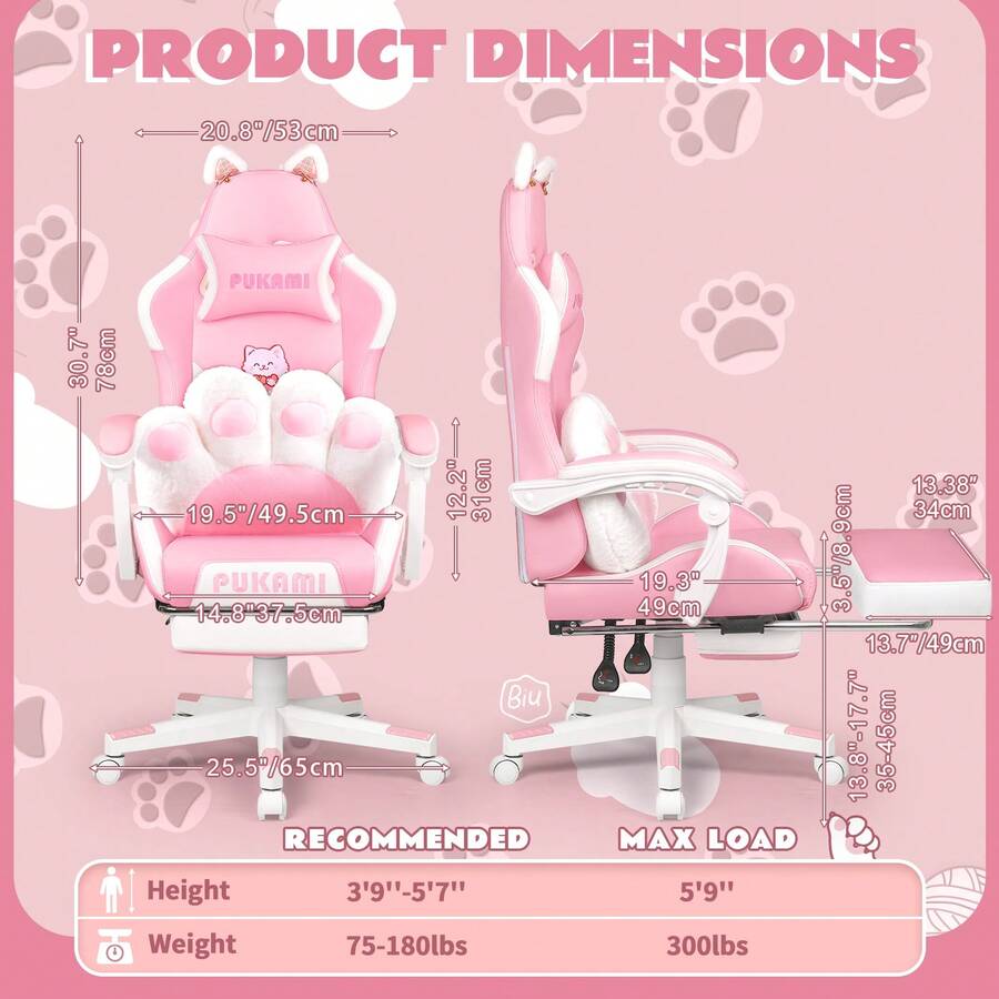 Pink Cat Gaming Chair for Girls, Cat Paw Lumbar Cushion + Cat Ears, Ergonomic Reclining Computer Chair with Footrest & Headrest