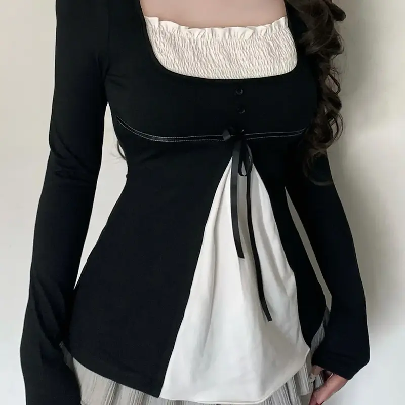 Women's Y2K Style Slim-Fit Patchwork Square-Neck Long Sleeve T-Shirt, Casual Classy Elegant Tee, Button Decor Empire-Waist Top