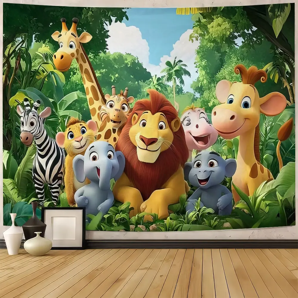 1PC Jungle animal tapestry wall hanging safari cartoon decor living room bedroom vibrant colors jungle theme playful wildlife backdrop lightweight decoration large Boho wall tapestry, Bohemian Tapestry Style, Dorm room tapestry
