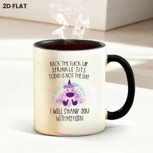 11oz Funny Sarcastic Cartoon Unicorn Ceramic Mug - Stylized Stern Purple Unicorn with Pastel Rainbow, Sparkle Confetti & Bold Humorous Warning Text Design, Quirky Drinkware for Daily Home & Office Coffee/Tea, Multiple Specs Available